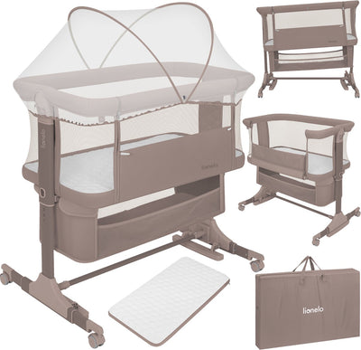 Lionelo Jodie 3in1 Kinderbett – Beistellbett, freistehendes Schaukelbett – Beistellbett – 6 Höhenpositionen – T25-Matratze – herunterklappbare Seite – inklusive Moskitonetzkorb
