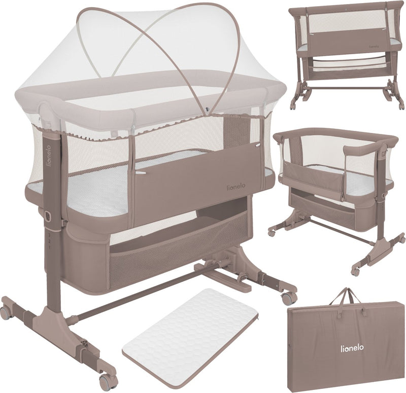 Lionelo Jodie 3in1 Kinderbett – Beistellbett, freistehendes Schaukelbett – Beistellbett – 6 Höhenpositionen – T25-Matratze – herunterklappbare Seite – inklusive Moskitonetzkorb