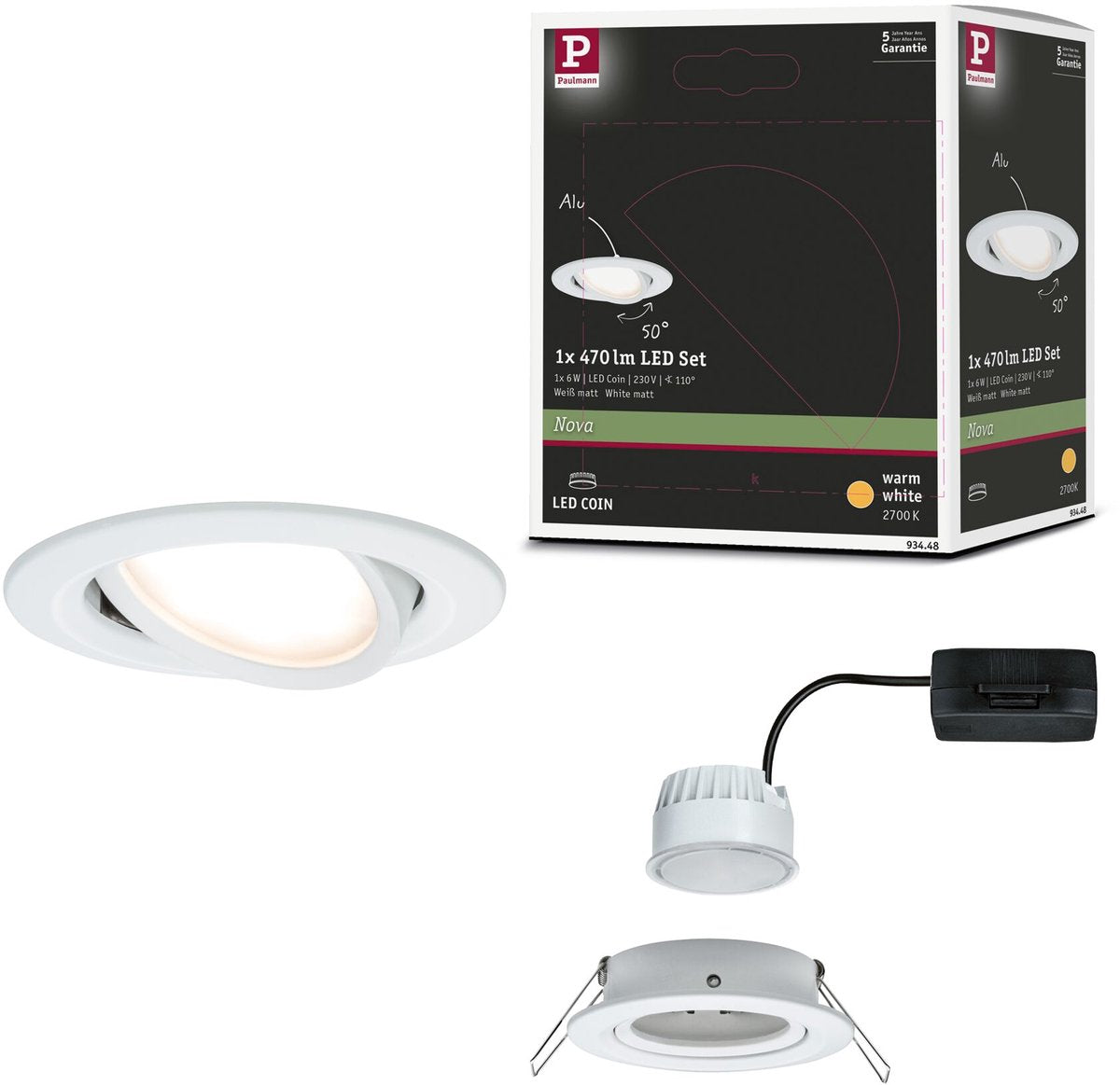 Paulmann LED Einbauleuchte Nova Coin Einzelleuchte schwenkbar rund 84 mm 50° Coin 6W 470lm 230V 2700K weiß matt