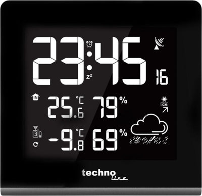 Technoline Wetterstation – ws 9065 – 165 x 170 x 26 mm – Schwarz Silber – mit 1 Außensensor 30 m und einstellbarer Hintergrundbeleuchtung – tl-ws9065