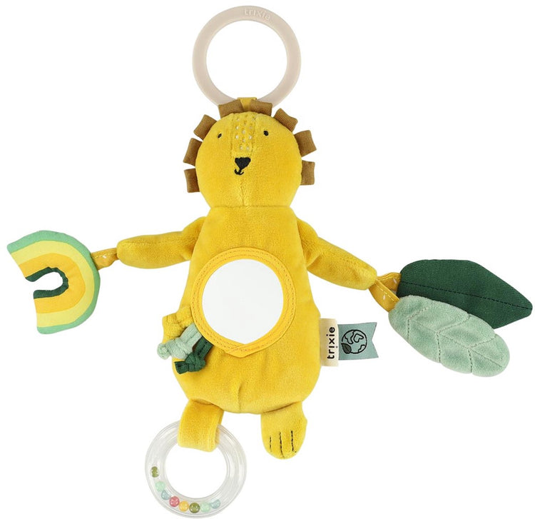 Trixie Mr. Lion hängendes Aktivitätsspielzeug – 3 m+ – mit Perlenring, Spiegel-Knisterpapier