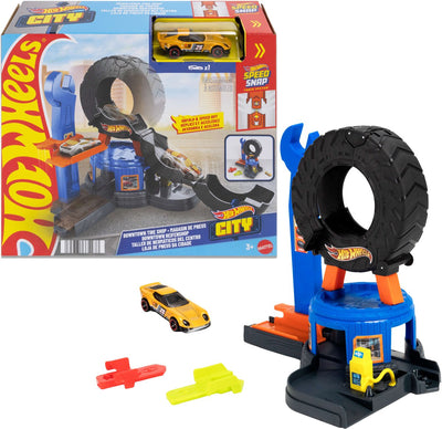 Hot Wheels City Centre Reifenwerkstatt – Spielset und Spielzeugauto – passend für das Quick-Click-Track-System