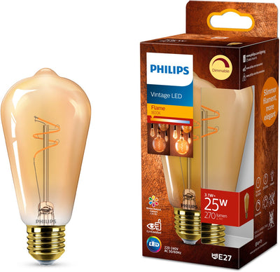 Philips LED Philips Vintage LED – dimmbare Lampe – 25 W – extra warmweißes Licht: 1800 K – E27-Fassung – bernsteinfarbenes Glas – Edison-Lampenform: ST64