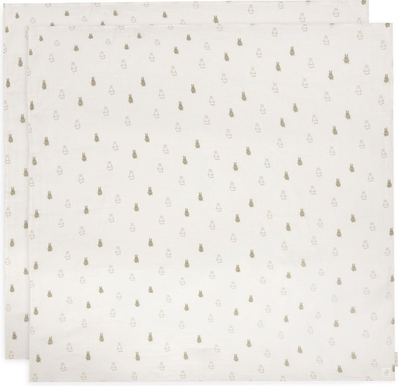 Jollein x Miffy – hydrophiles Tuch groß 115 x 115 cm – Wickeltuch, Spucktücher, Babytücher – weiche Baumwolle – Happy Miffy – Olivgrün – 2 Stück