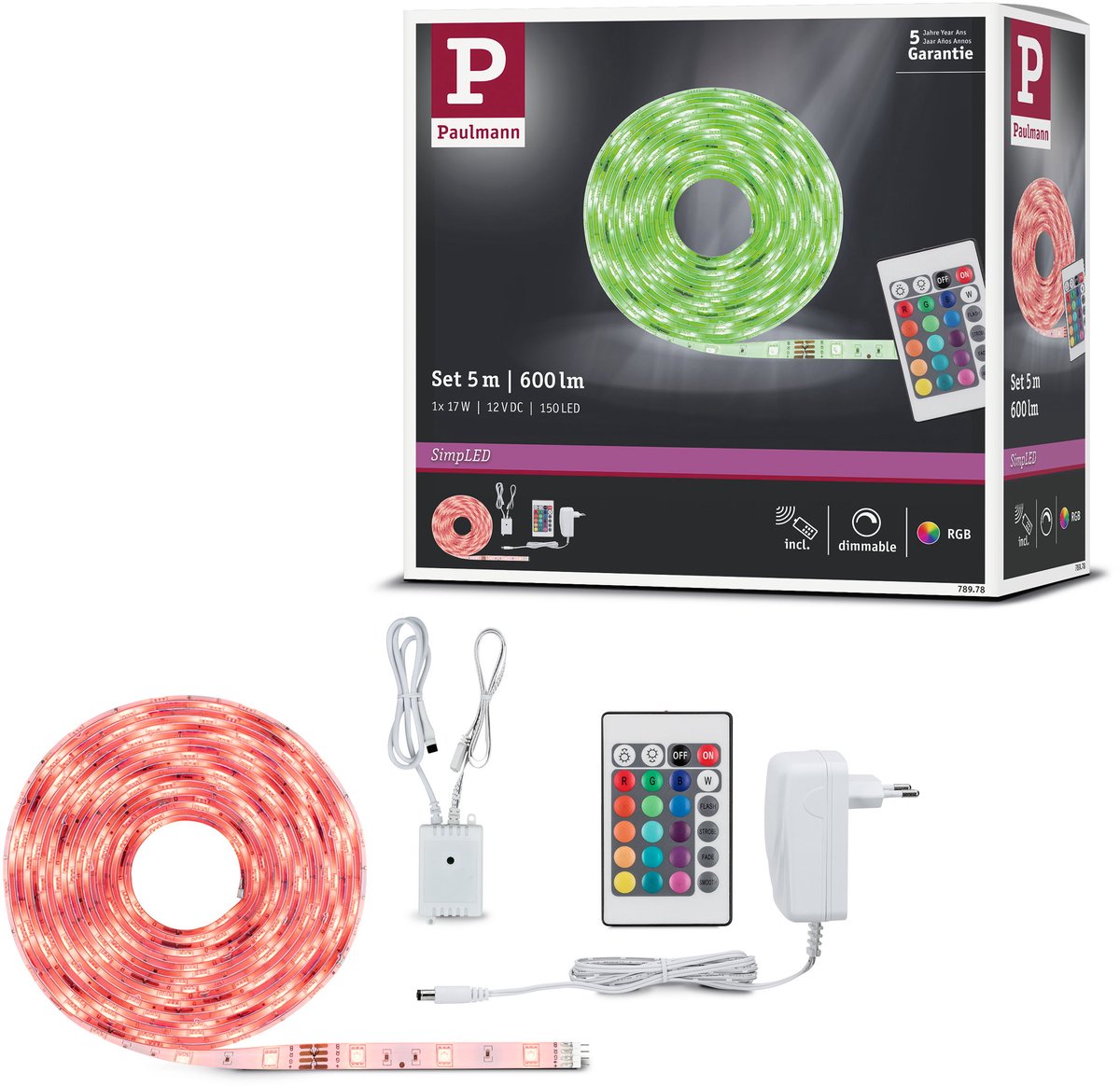 Paulmann einfacher LED-Streifen 5 Meter RGB – Plug-Play-Set – 17 W – 12 V – weiß – Metall-Kunststoff