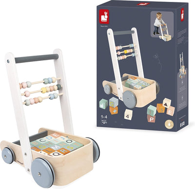 Janod – süßer Kokon – Push-Cart-Aktivitätswagen mit ABC-Blöcken