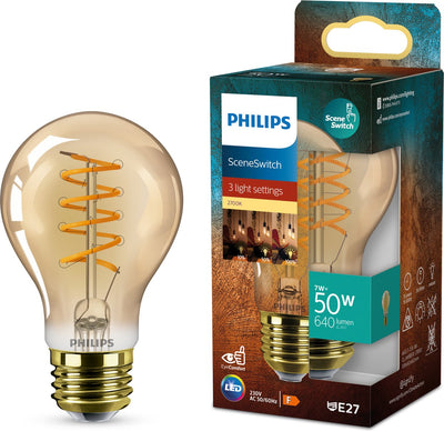 Philips LED Philips Deco LED – Szenenschalter – 50 W – E27-Fassung – A60-Standardlampenform – bernsteinfarbene Lampe