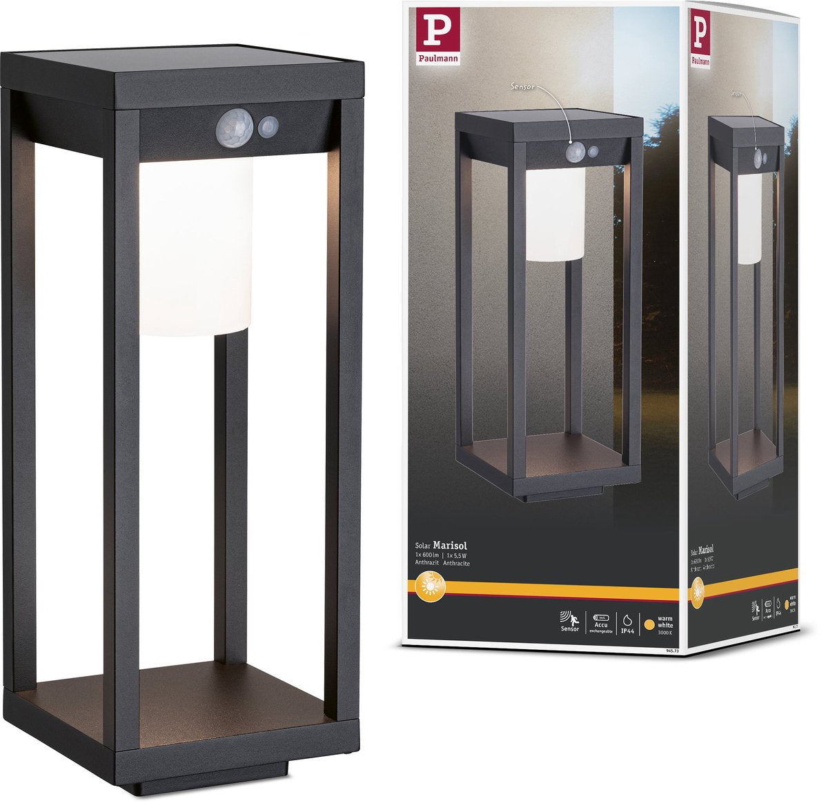 Paulmann Solar LED Lichtobjekt Solar Marisol Bewegungsmelder IP44 3000k 350lm schwarz