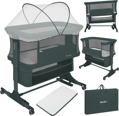 Lionelo Jodie 3in1 Kinderbett – Beistellbett, freistehendes Schaukelbett – Beistellbett – 6 Höhenpositionen – T25-Matratze – herunterklappbare Seite – inklusive Moskitonetzkorb