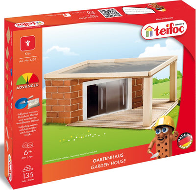 Teifoc® Baukasten – Gartenhaus – 135 Teile – echte Mini-Steine mit Zement, Schüssel und Kelle – Bausatz für Kinder ab 6 Jahren