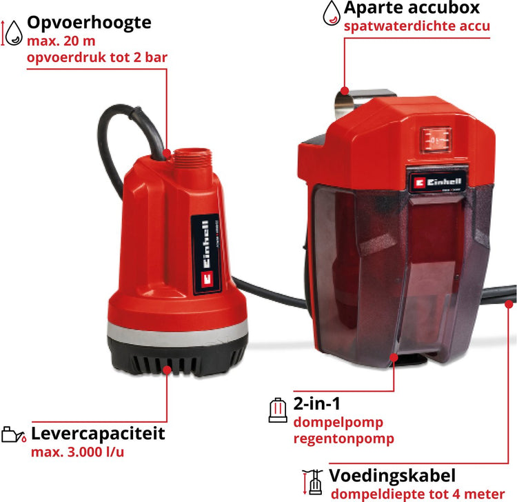 Einhell Akku-Regenfasspumpe – GE-PP 18 RB LI Solo – Power X-Change – 18 V Li-Ion – max. Förderleistung: 3.000 l·h - max. Förderhöhe: 20 m - max. Eintauchtiefe: 4 m - exkl. Akku und Ladegerät