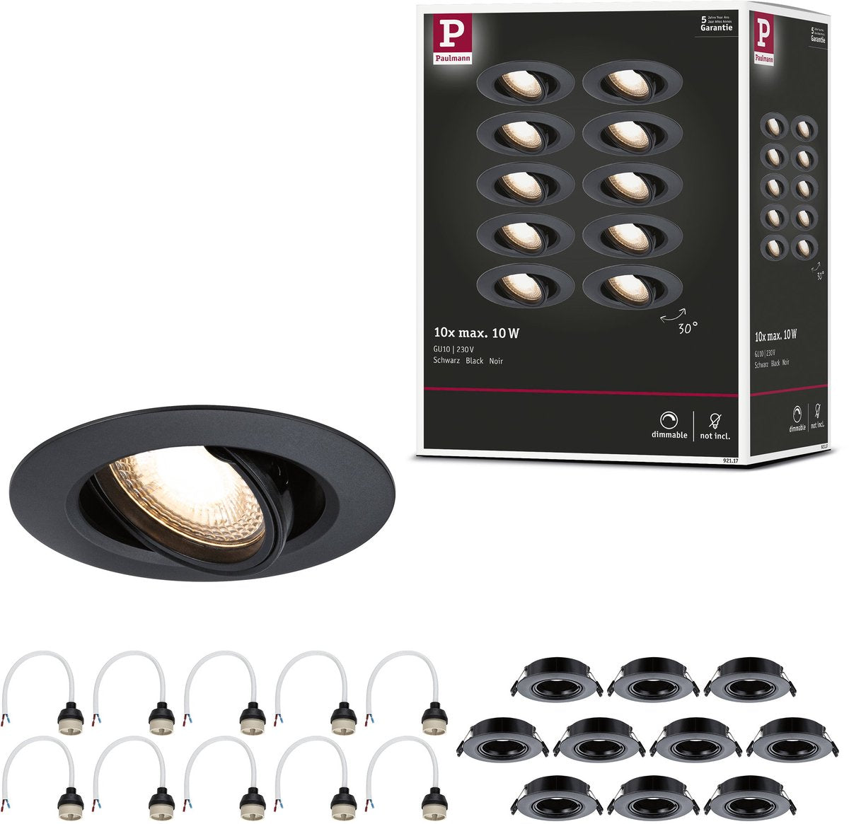 Paulmann Einbauleuchte 10er Set schwenkbar rund 90 mm 30° gu10 max. 10x10W 230V dimmbar schwarz