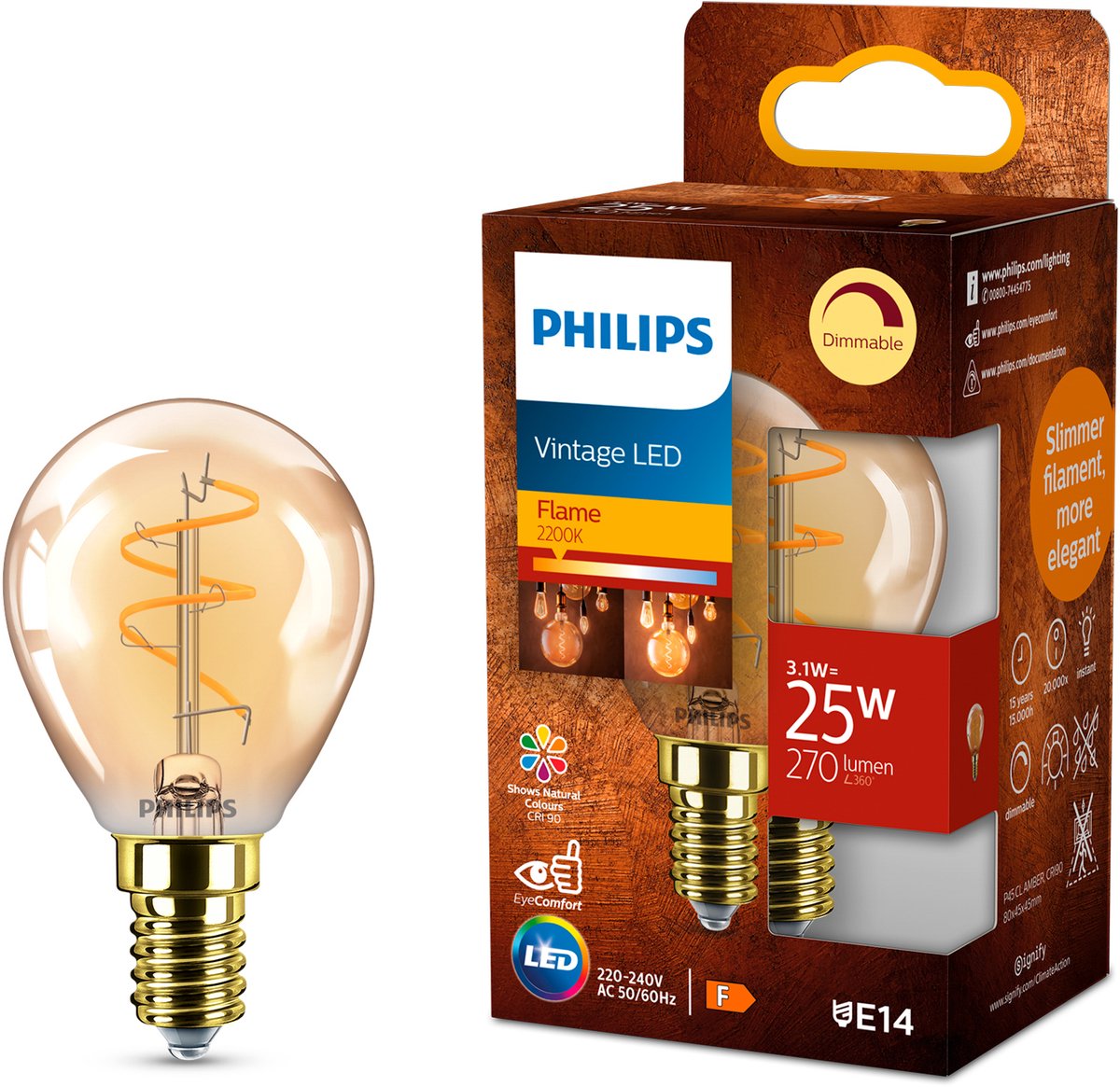 Philips LED-Kugellampe Spirale Gold – 25 W – E14 – dimmbares extra warmweißes Licht