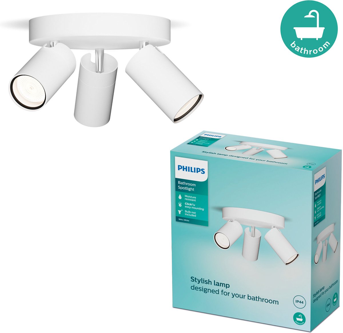 Philips LED Philips Idris Spot – Deckenspot – spritzwassergeschützt IP44 – Schwarz – Weiß – Badezimmerlampe – drei Lichtpunkte – runde Bodenplatte – nur für LED-Spots geeignet