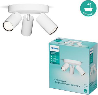 Philips LED Philips Idris Spot – Deckenspot – spritzwassergeschützt IP44 – Schwarz – Weiß – Badezimmerlampe – drei Lichtpunkte – runde Bodenplatte – nur für LED-Spots geeignet