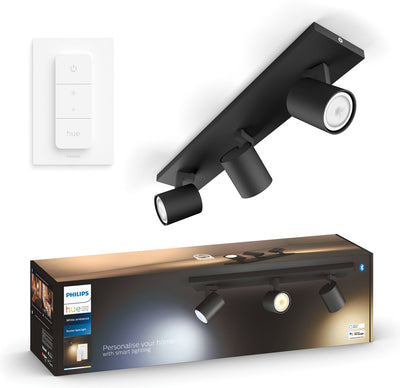 Philips Hue Runner Aufbaustrahler – warmes bis kaltweißes Licht – 3 Spots – Schwarz – 1 Dimmschalter