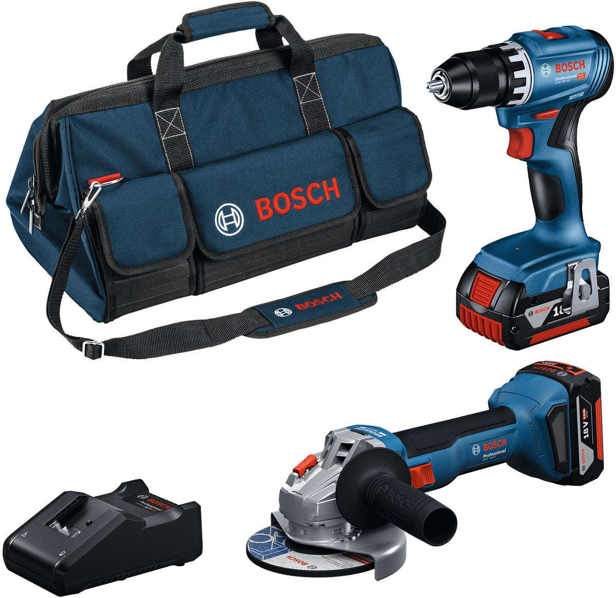 Bosch Professional 18V Toolkit – Kombinationsset – GWS 18V-8 + GSR 18V-45 + 2x GBA 18V 4,0 Ah + Gal 18V-40 Ladegerät