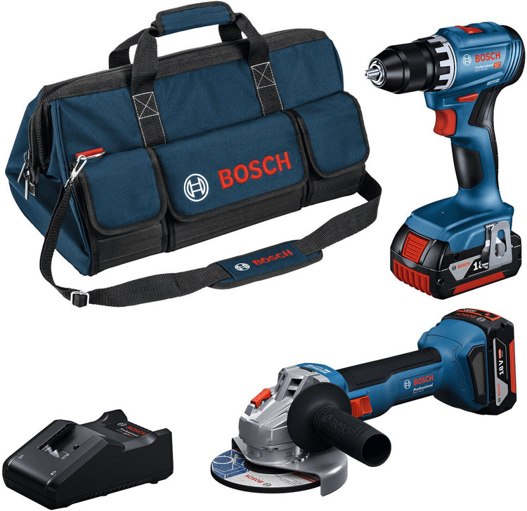 Bosch Professional 18V Toolkit – Kombinationsset – GWS 18V-8 + GSR 18V-45 + 2x GBA 18V 4,0 Ah + Gal 18V-40 Ladegerät