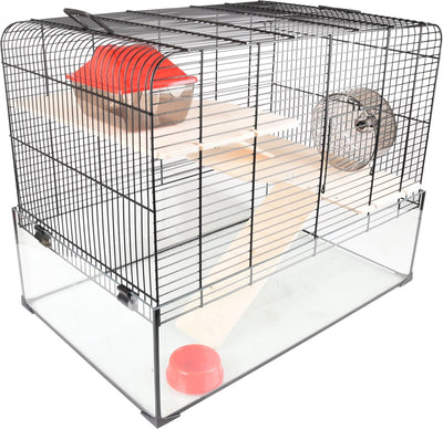 Flamingo-Hamsterkäfig – Vitru 2 – Hamsterkäfig mit Glasboden – kompletter Käfig mit Laufrad, Plattformen und Zubehör – schwarz – 59 x 38 x 47 cm – europäische Qualität