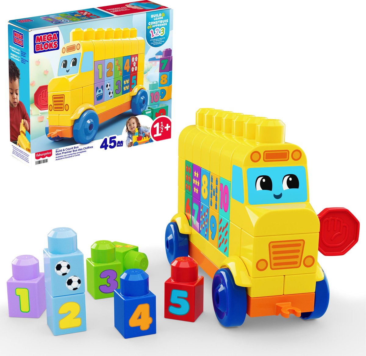 Mega Blocks Bau- und Zählbus – Spielzeugset mit Bausteinen – 45 Teile