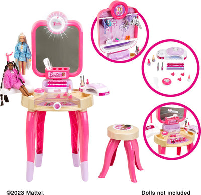 Klein Toys Barbie Beauty Studio Happy Vibes – inkl. Utensilien und Nageltrockner mit Luft- und Lichteffekten - Rosa Beige