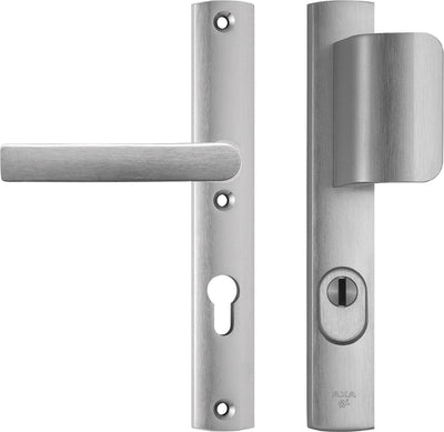 AXA Sicherheitsbeschlag (Curve Plus) Schmalschliff Aluminium: Drückergriff (Modell D-Pusher Block) PC72 mit Kernziehschutz SKG***