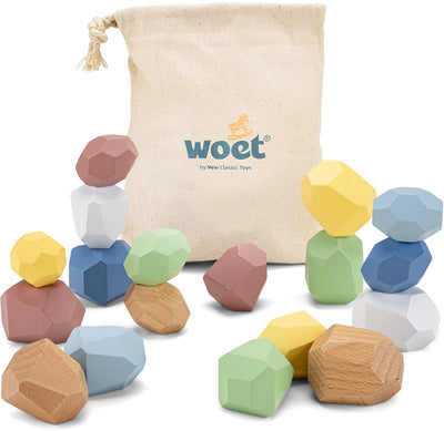 Woet® Holz-Balance-Blöcke – 18-teiliges Stapelstein-Set – Montessori-Stapelspielzeug mit praktischer Aufbewahrungstasche – FSC – ab 18 Monaten