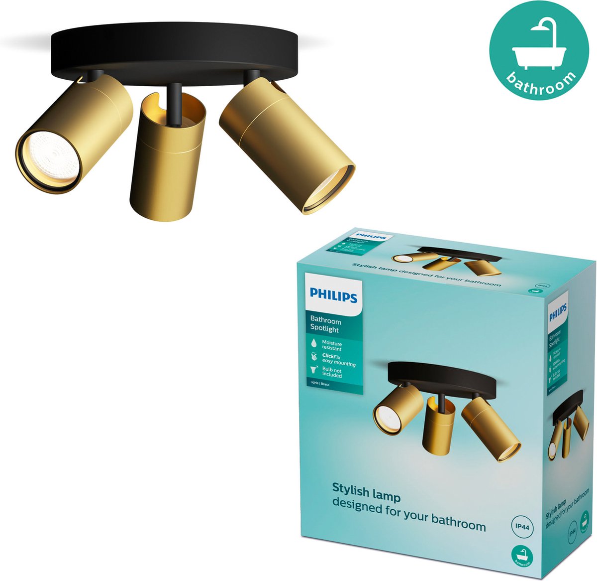 Philips LED Philips Idris Spot – Deckenspot – spritzwassergeschützt IP44 – Schwarz mit Gold – Badezimmerlampe – drei Lichtpunkte – runde Bodenplatte – nur für LED-Spots geeignet