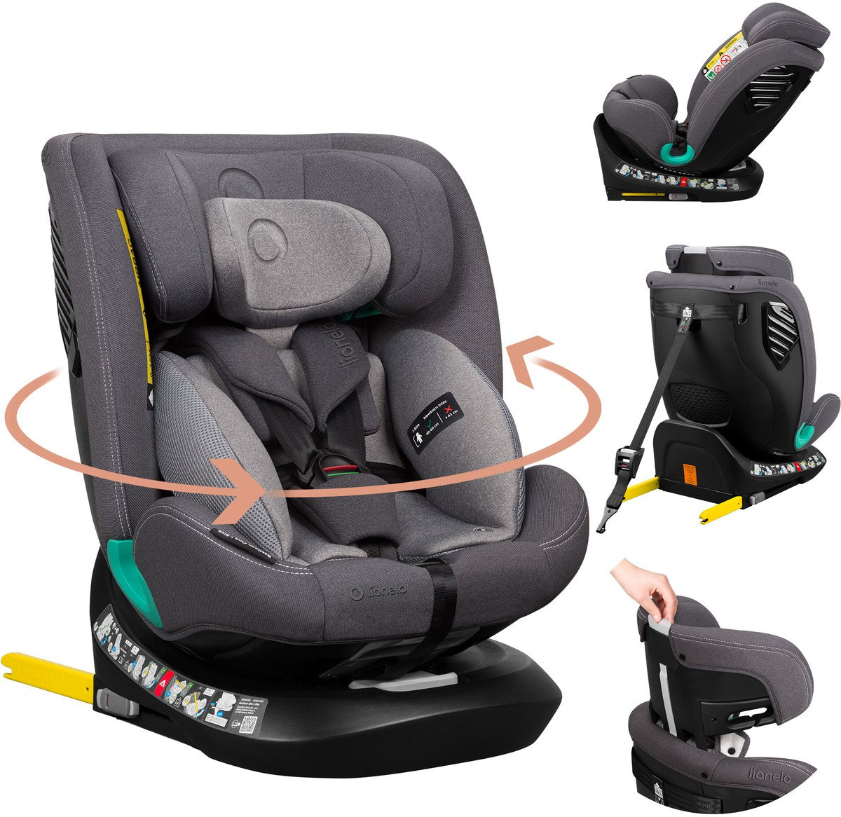 Lionelo Bastiaan One – i-Size-Autositz 4in1 – 360° Easyturn – Isofix-Top-Tether – Gruppe 0–1–2–3 – 40–150 cm – R129-Zulassung – erweiterter Seitenschutz – Memory-Schaum-Kopfstütze – 13 Positionen verstellbar – 4-stufige Rückenlehne – Driseat-Einsatz