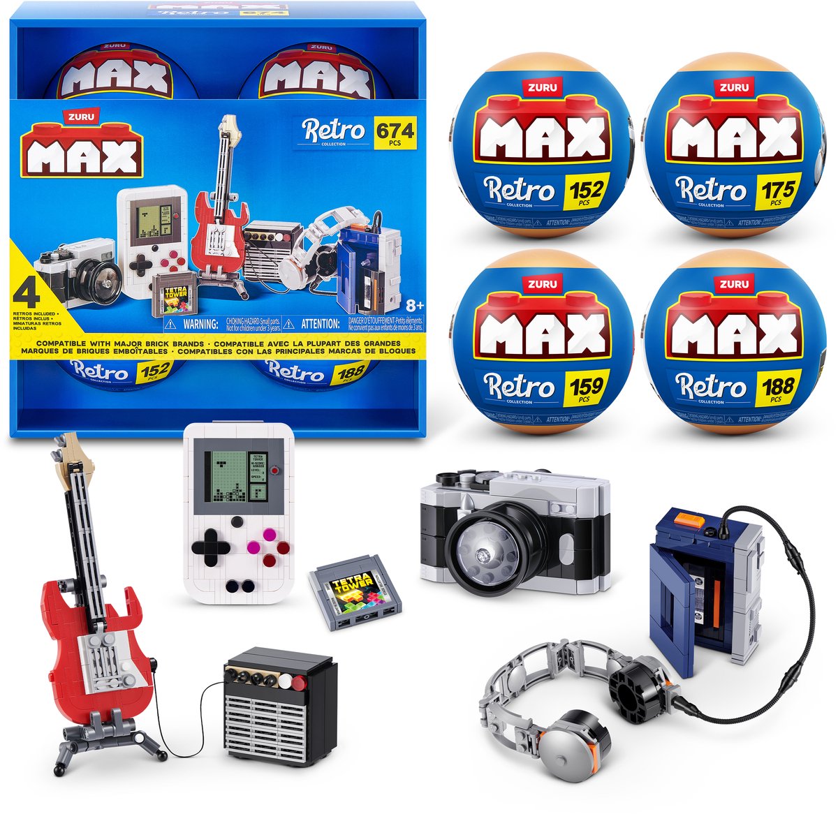 Max Zuru Retro – Kamera, Gitarre, Spielekonsole und Kassettenspieler – 4er-Pack