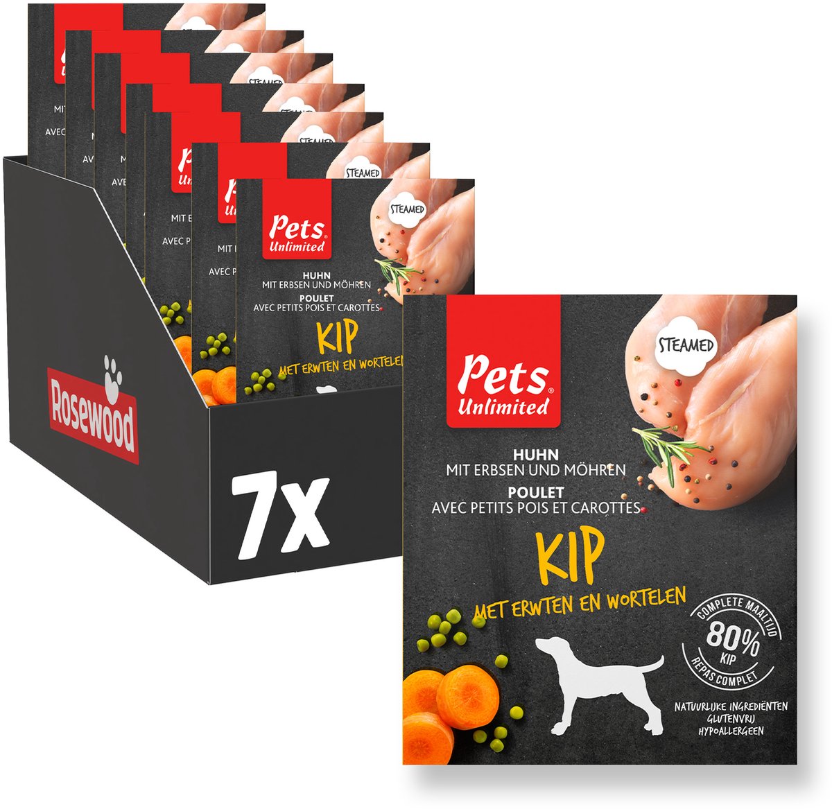Rosewood Pets unlimited – Nassfutter für Hunde – Huhn – gedämpfte Mahlzeit – 7 Behälter x 395 g