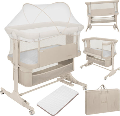 Lionelo Jodie 3in1 Kinderbett – Beistellbett, freistehendes Schaukelbett – Beistellbett – 6 Höhenpositionen – T25-Matratze – herunterklappbare Seite – inklusive Moskitonetzkorb