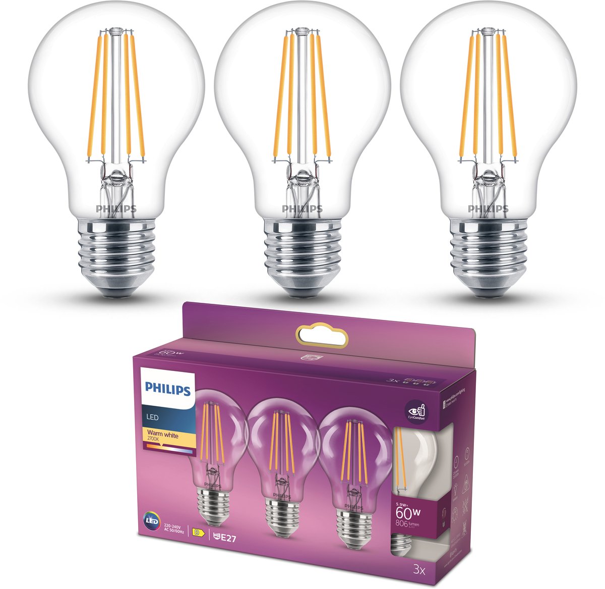 Philips LED-Lampe – Standardlampenform mit E27-Fassung – warmweißes Licht: 2700 K – 60 W – klares Glas – 3er-Pack