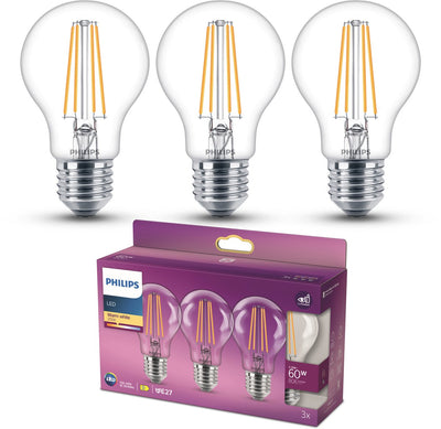 Philips LED-Lampe – Standardlampenform mit E27-Fassung – warmweißes Licht: 2700 K – 60 W – klares Glas – 3er-Pack