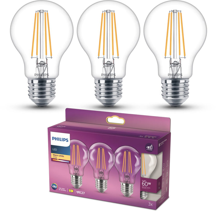 Philips LED-Lampe – Standardlampenform mit E27-Fassung – warmweißes Licht: 2700 K – 60 W – klares Glas – 3er-Pack