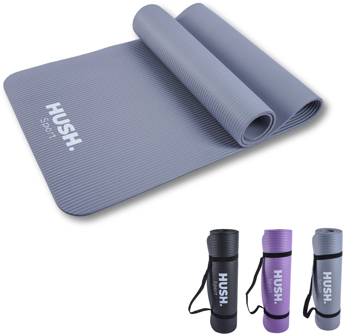 Hush Sport – Yogamatte 180 x 60 cm – 8 mm dicke Polsterung NBR – für Yoga, Pilates-Fitness – inklusive praktischem Tragegurt – leicht und rollbar – Grau