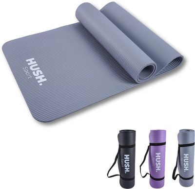 Hush Sport – Yogamatte 180 x 60 cm – 8 mm dicke Polsterung NBR – für Yoga, Pilates-Fitness – inklusive praktischem Tragegurt – leicht und rollbar – Grau