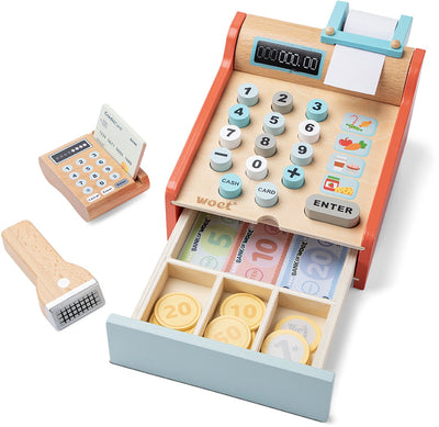 Woet® Holzspielzeug-Registrierkasse – Registrierkasse inklusive Scanner, PIN-Automat und Geld – Rollenspiel-Shop – Lernspielzeug – ab 3 Jahren