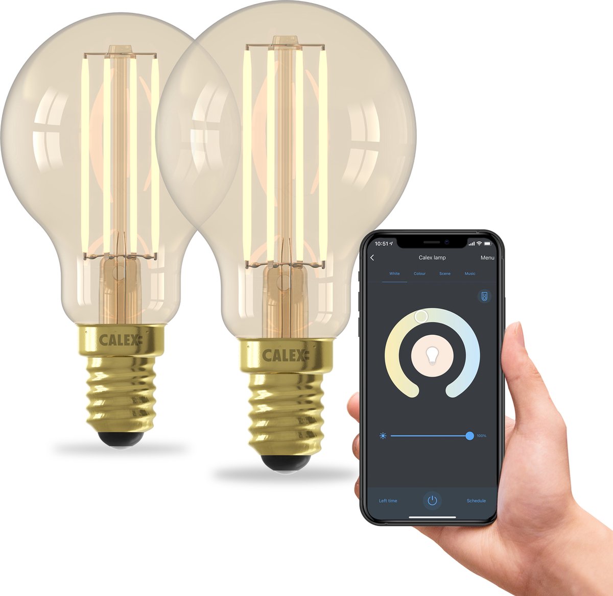 Intelligente Calex-Lampe – 2er-Set – WLAN-LED-Filamentbeleuchtung – E14 – intelligente Glühbirne Gold – dimmbar – warmweißes Licht – 4,5 W