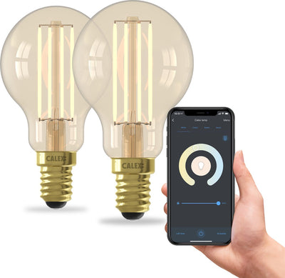 Intelligente Calex-Lampe – 2er-Set – WLAN-LED-Filamentbeleuchtung – E14 – intelligente Glühbirne Gold – dimmbar – warmweißes Licht – 4,5 W