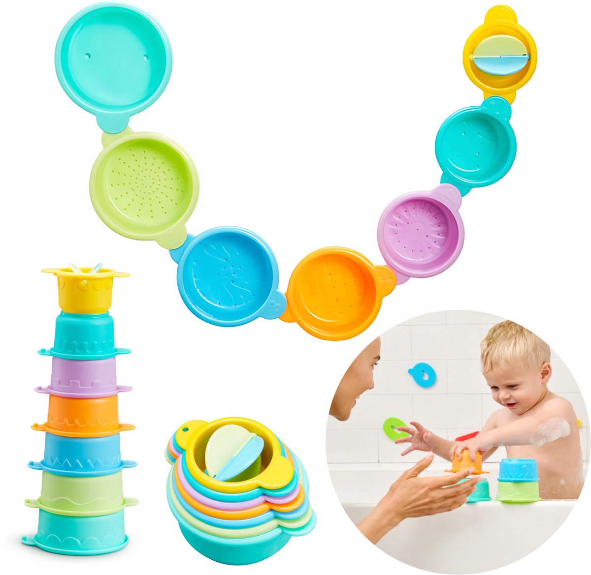 Munchkin-Badespielzeug – Connect a Cup – fröhliche Badebecher – Badespielzeug für Jungen und Mädchen – lehrreich für Kinder – ab 9 Monaten – 7 Tassen für die Badewanne