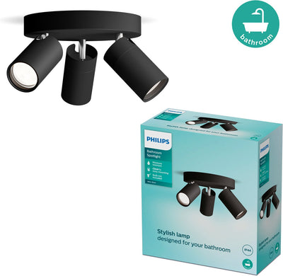 Philips LED Philips Idris Spot – Deckenspot – spritzwassergeschützt IP44 – Schwarz – 5W – Badezimmerlampe – drei Lichtpunkte – runde Grundplatte – nur für LED-Spots geeignet