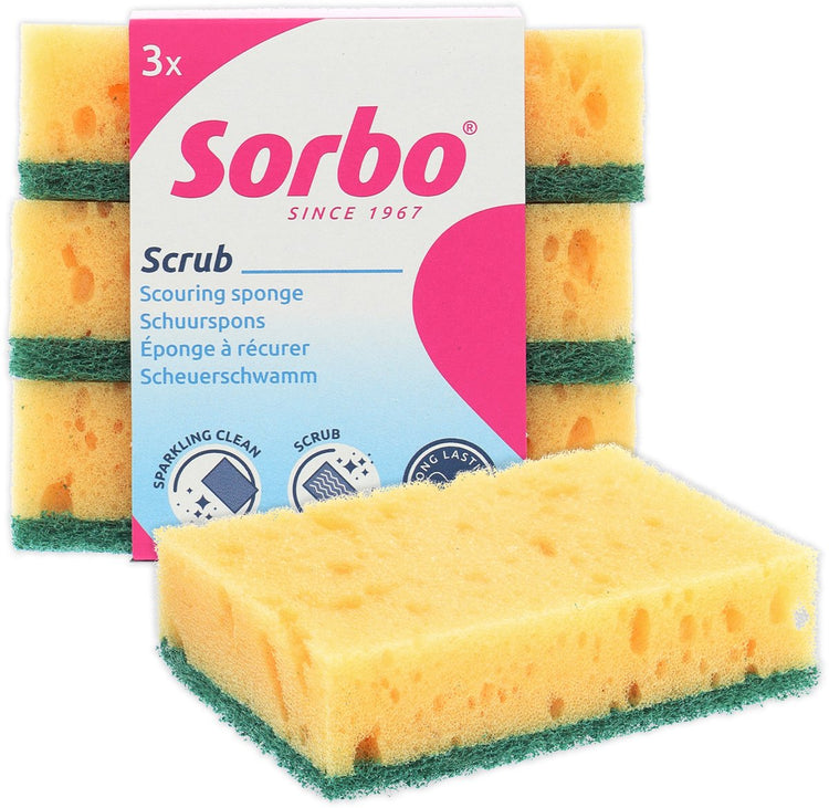 Sorbo Scheuerschwamm extra stark – 3er-Set – für hartnäckigen Schmutz, fettigen Kalk – kraftvoller, langlebiger Reinigungsschwamm – gelb