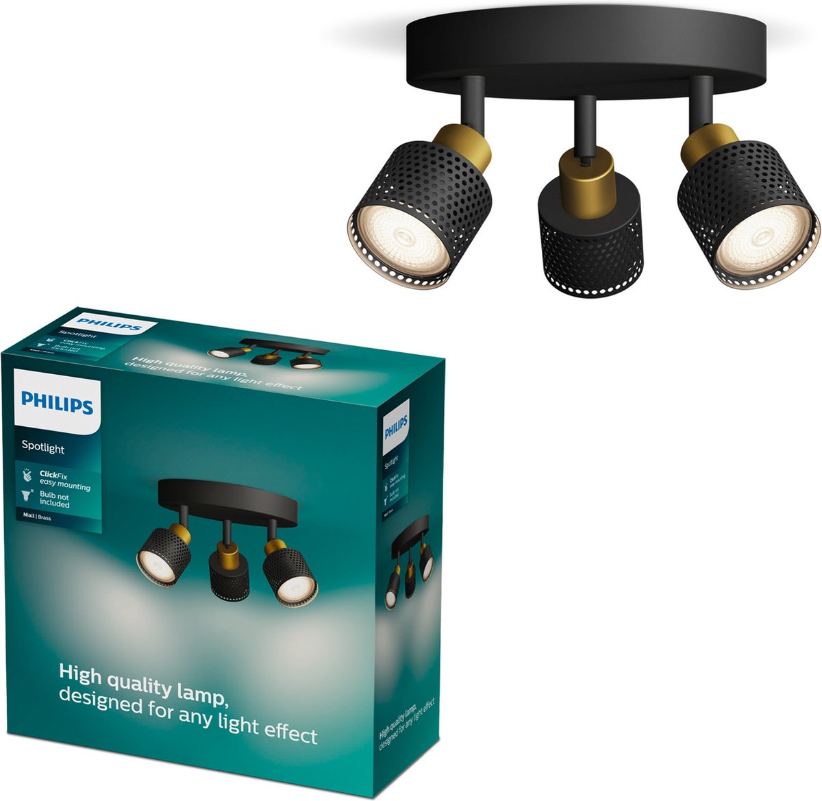 Philips LED Philips Niall Spot – Deckenstrahler mit drei Lichtpunkten – Schwarz mit goldenem Design – GU10-LED-Fassung – runde Grundplatte