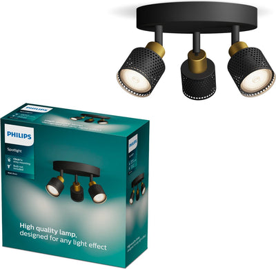 Philips LED Philips Niall Spot – Deckenstrahler mit drei Lichtpunkten – Schwarz mit goldenem Design – GU10-LED-Fassung – runde Grundplatte