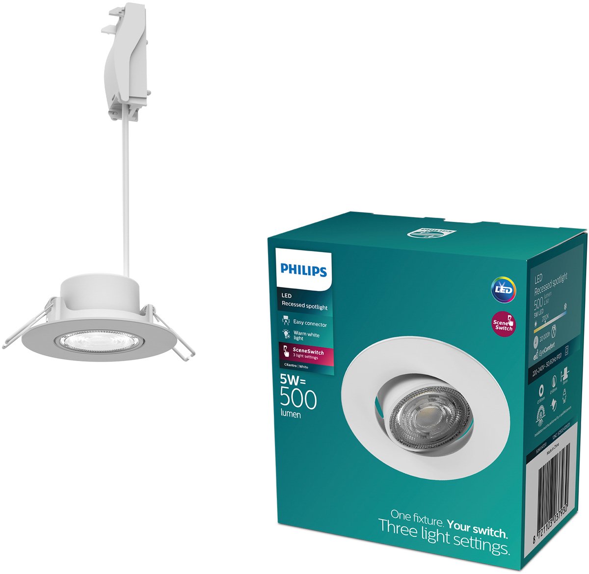 Philips LED Philips Cilantro Einbaustrahler – Szenenschalter-Lichttechnologie – 5 W – warmweißes Licht: 2700 K – Weiß