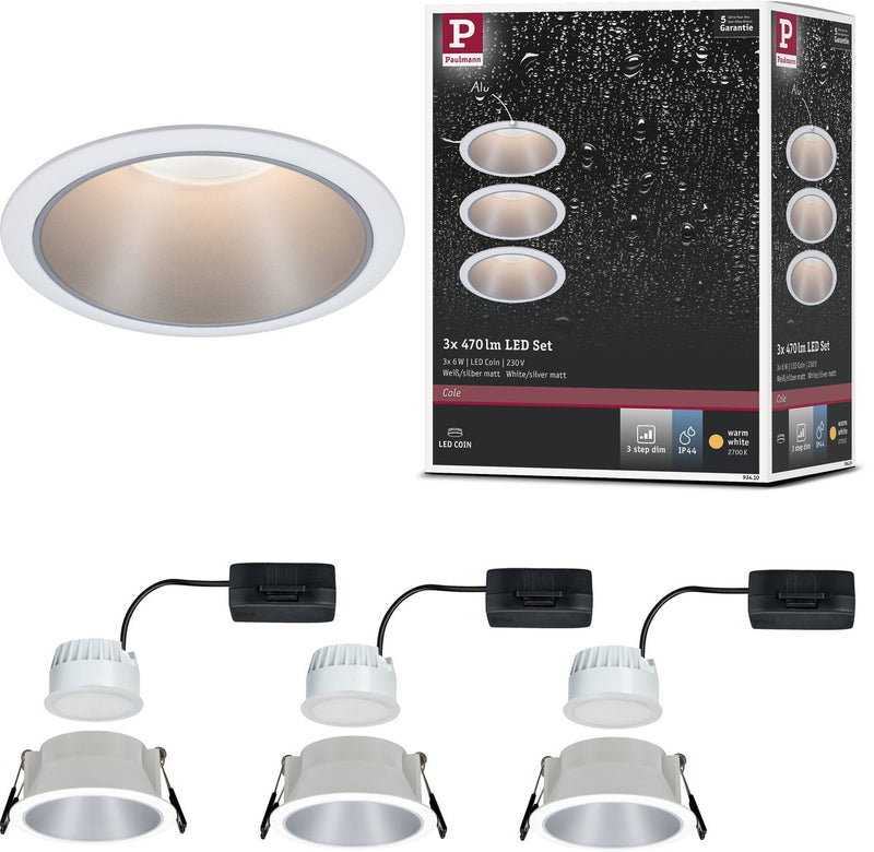 Paulmann LED Einbauleuchte 3-Stufen-Dim Cole Coin 3er Set IP44 rund 88mm Coin 3x6W 3x470lm 230V dimmbar 2700K Weiß, Silber matt