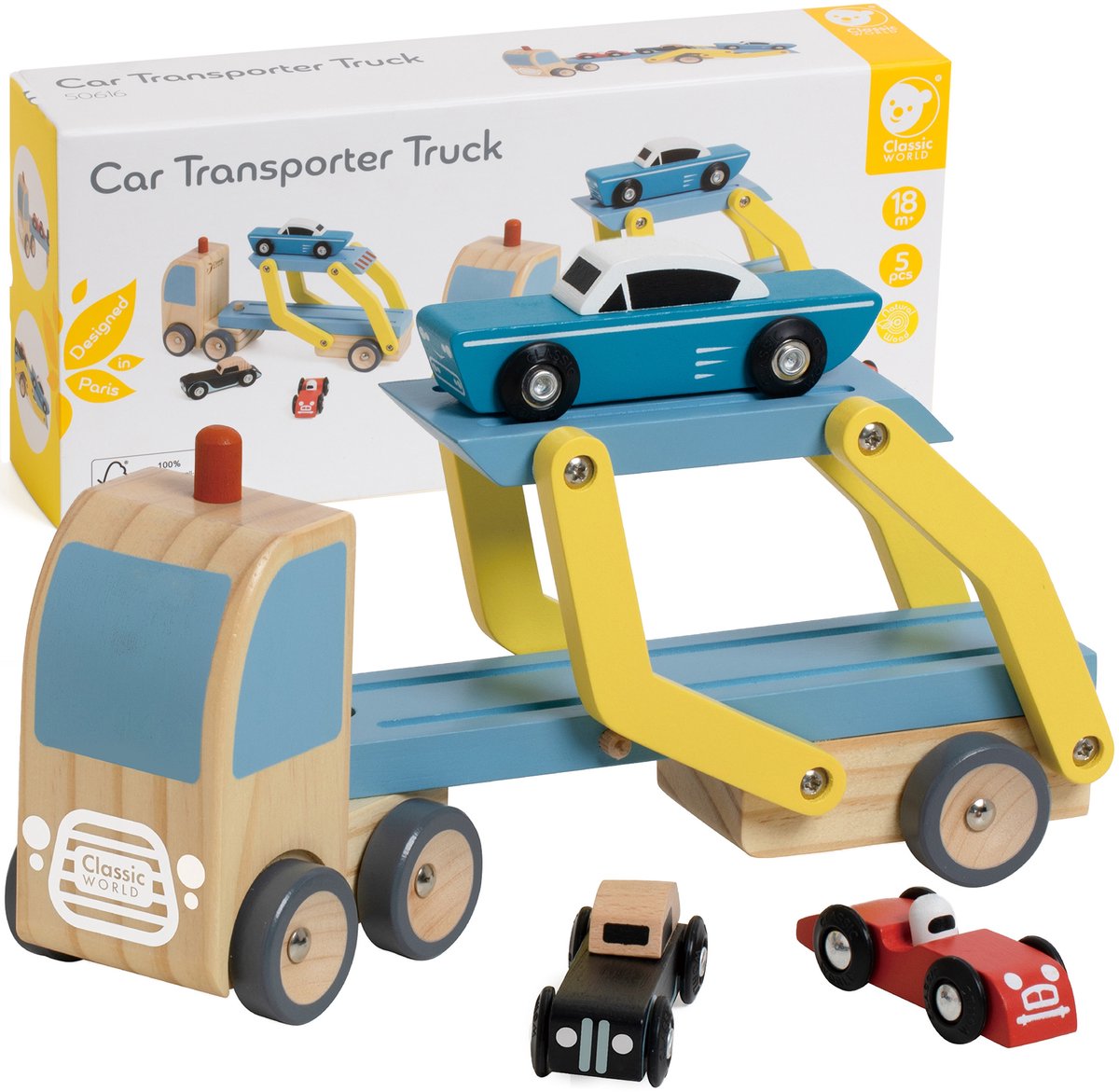 Klassiker Welt der Welt -Holztransporter mit 3 Autos