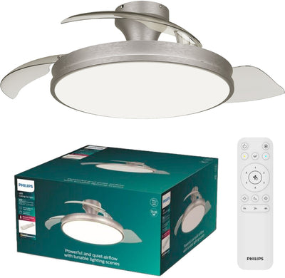 Philips LED Philips Atlas Deckenventilator mit integrierter LED-Lampe – 3 einziehbare Flügel, Durchmesser: 106 cm – 4500 Lumen – einstellbares weißes Licht von 2700 K bis 6500 K – dimmbar bis zu 5 % – Fernbedienung – Nickel