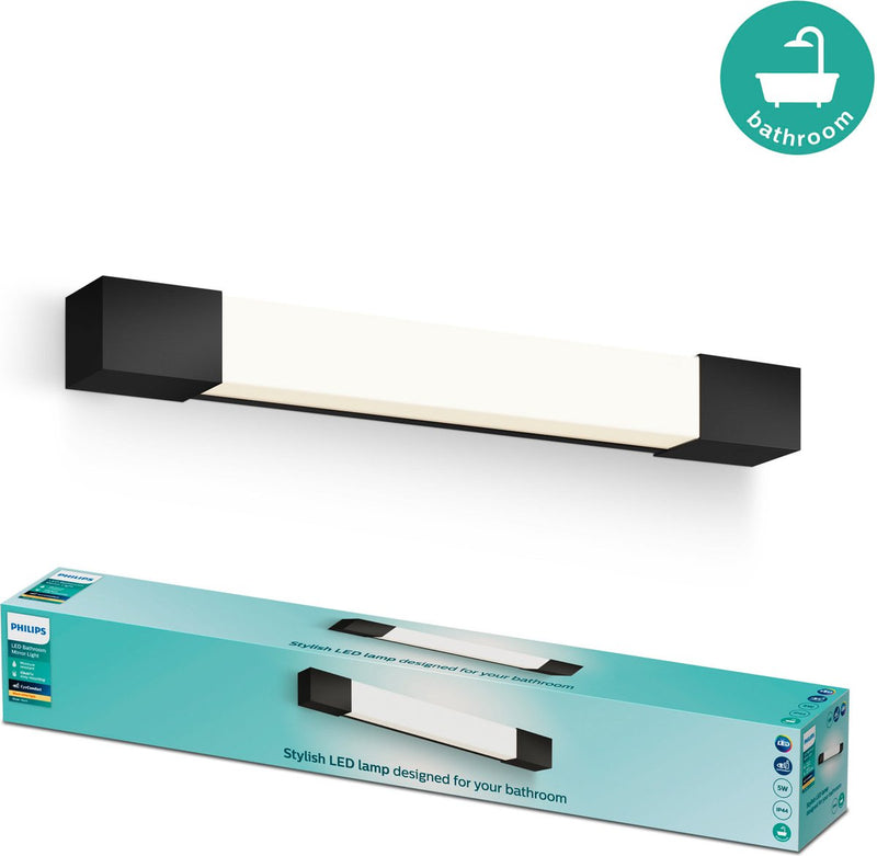 Philips LED Philips Rover Spiegelbeleuchtung – spritzwassergeschützt IP44 – 5W – warmweißes Licht – Badezimmerlampe – rechteckig – Schwarz